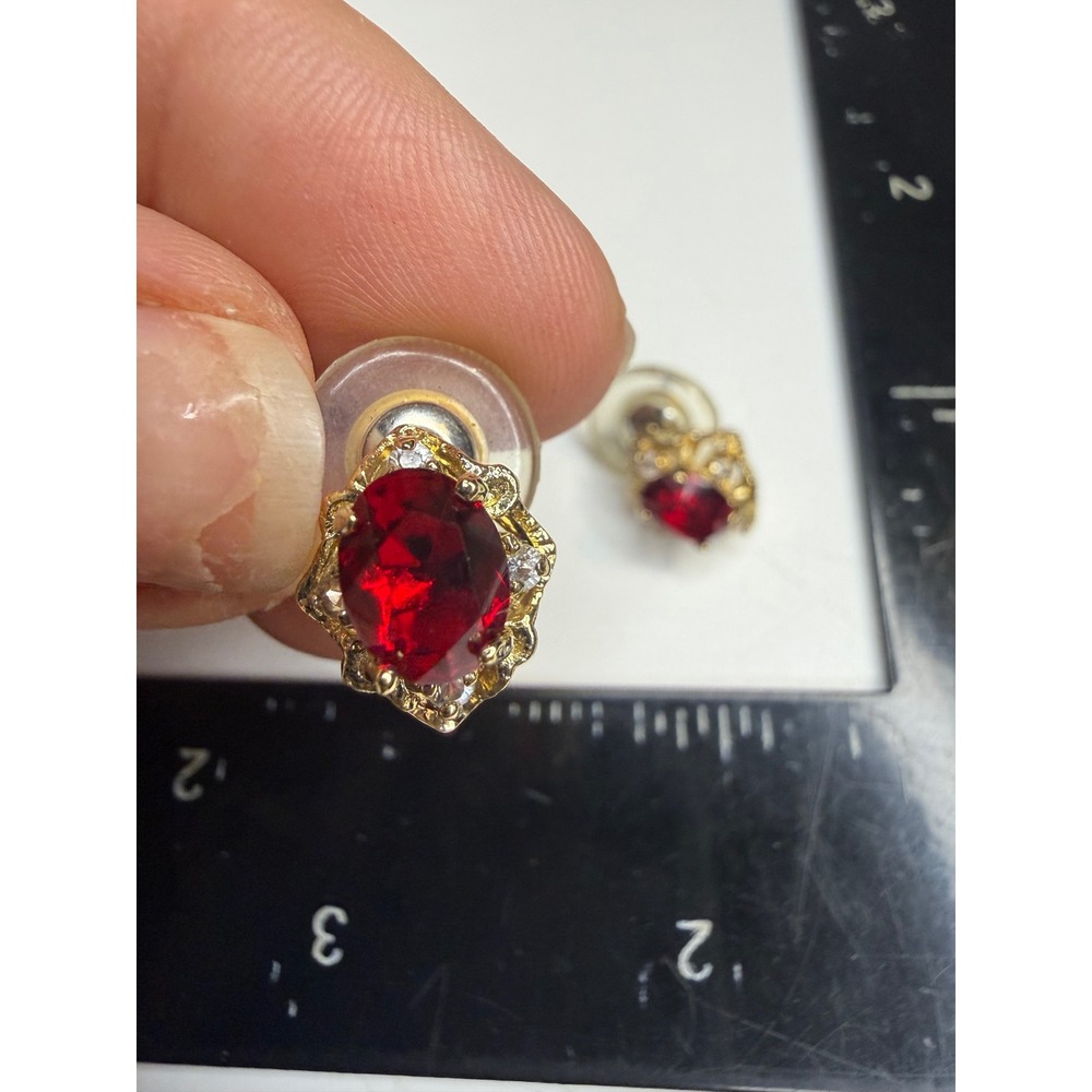 Gold Tone Red Faux Ruby Crystal Filigree Stud Earrings Oval Cut Post Backs